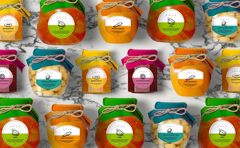 罐裝食品插畫包裝設計-覆盆子果醬，瓜果醬，腌制蘑菇，蔬菜魚子醬和檸檬汁